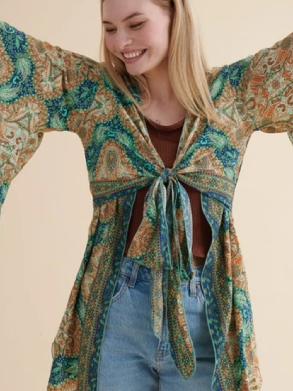 NWOT Earthbound Tie-Front Paisley Kimono Top in Green and Teal